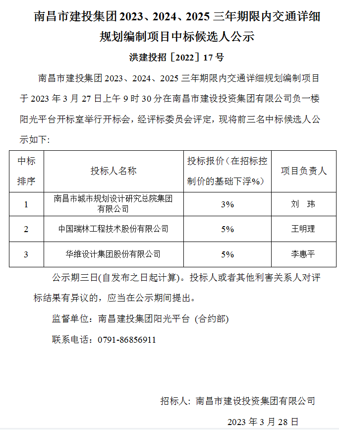 南昌市w66国际app集团2023、2024、2025三年限期内交通详细妄想体例项目中标候选人公示_w66国际app