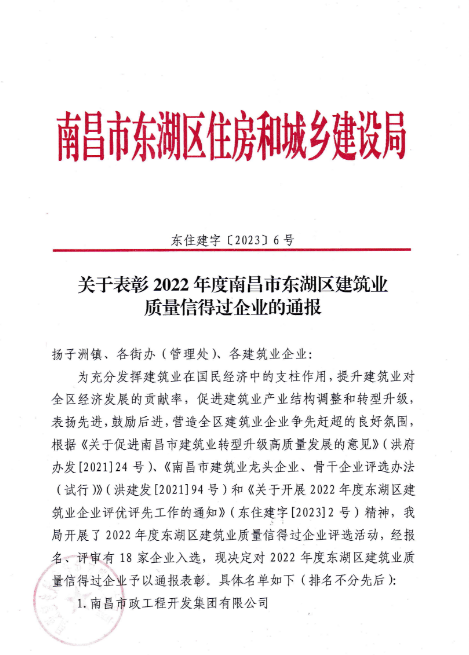 南昌市修建工程集团有限公司获评2022年度南昌市东湖区修建业质量信得过企业_w66国际app