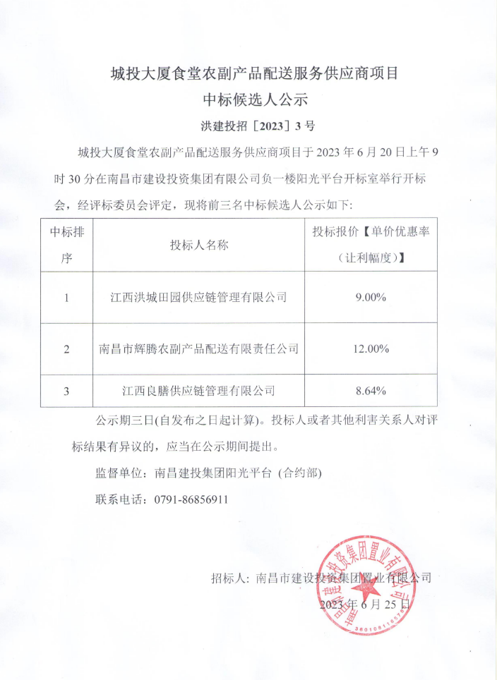 城投大厦食堂农副产品配送服务供应商项目中标候选人公示_w66国际app
